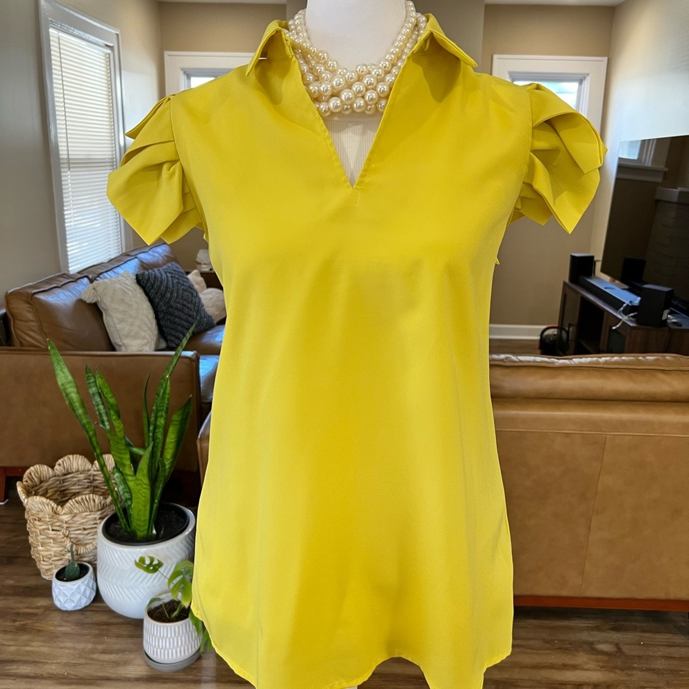 Tahari Bright Yellow Blouse with Ruffle Sleeves